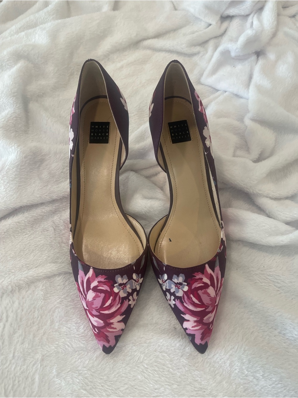 White House Black Market Purple Floral Pointed Toe Pumps with Pink Accents